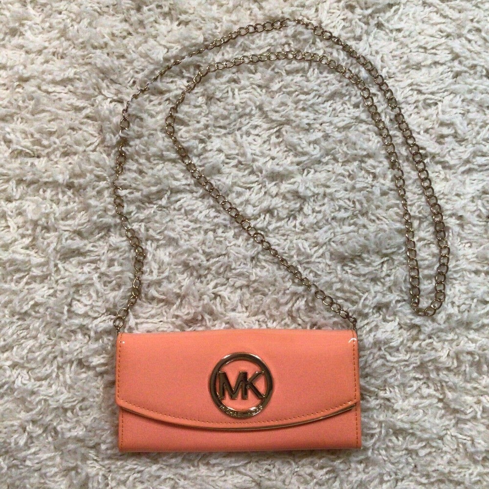 Michael Kors Coral Clutch Wallet Crossbody Chain EUC 920A